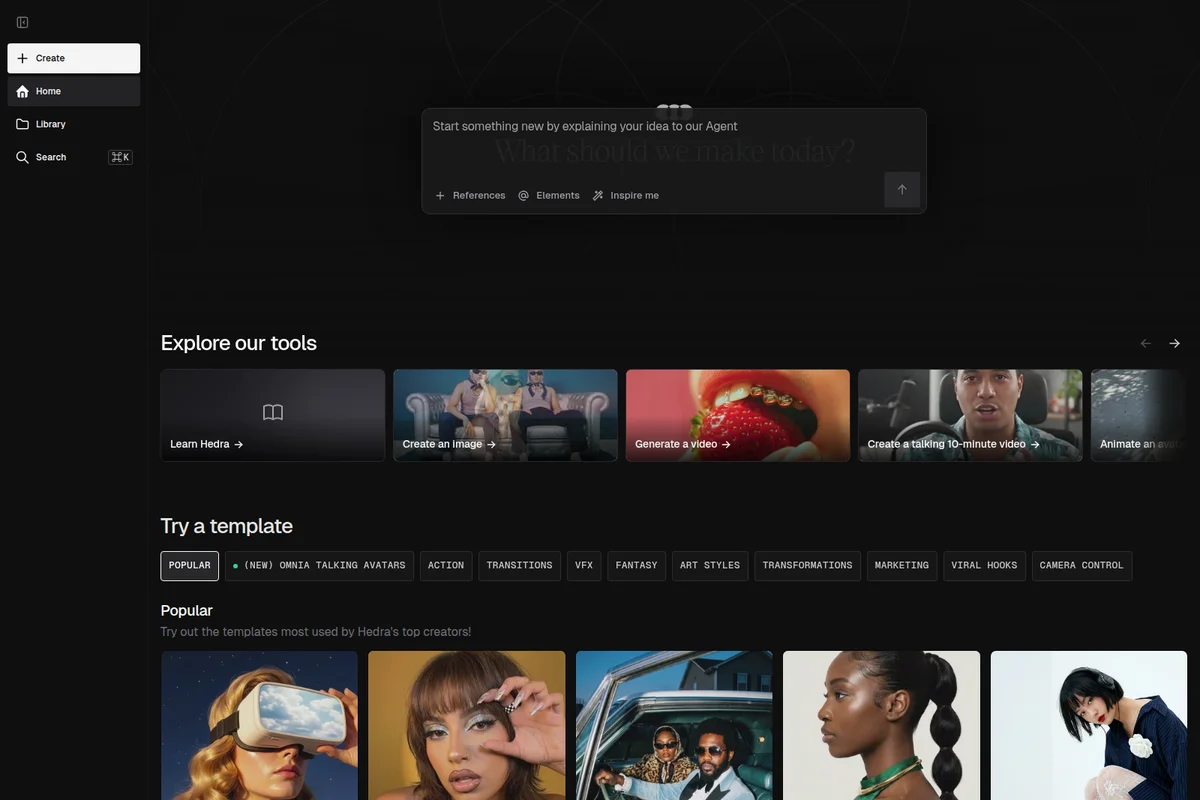 Hedra AI agent workspace showing creation prompt, generative tools, and popular templates in a dark-mode interface.