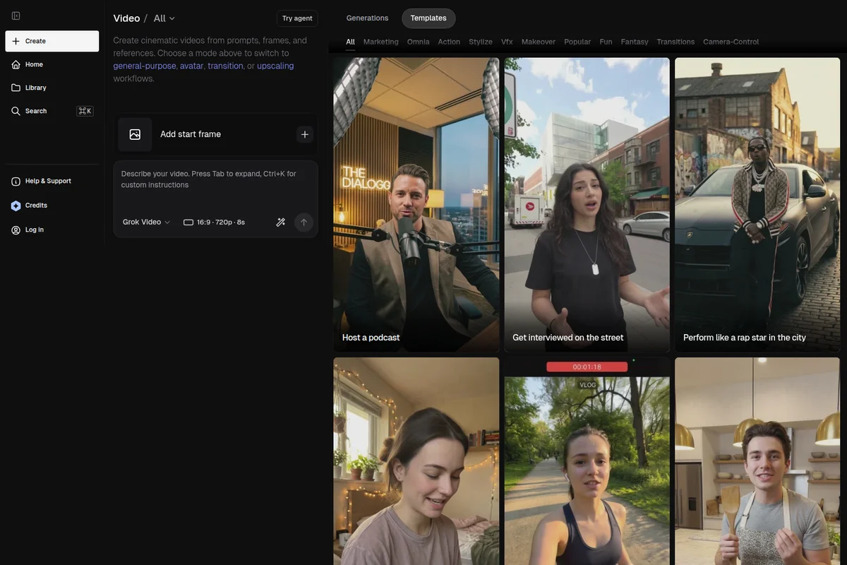 hedra video creation workspace showing diverse video templates for generation with a dark-mode interface and prompt input.