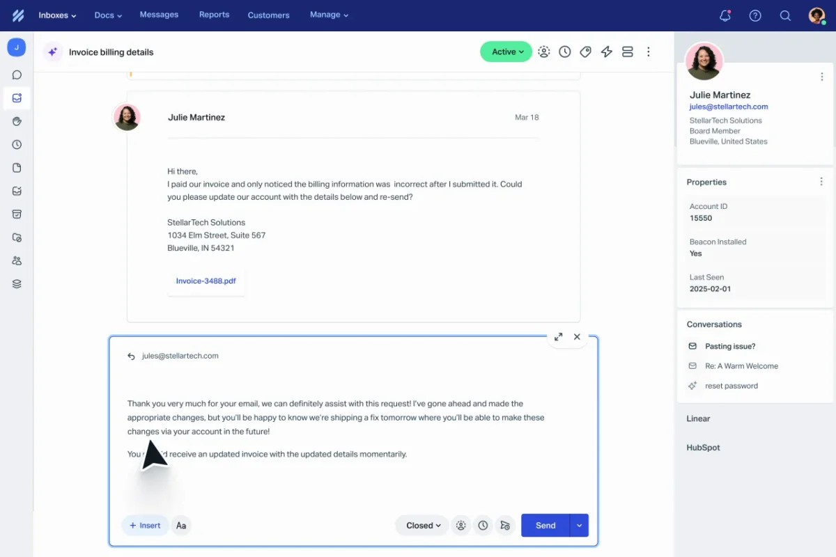 Help Scout customer service workspace showing an agent responding to an invoice billing inquiry with customer profile and message history.