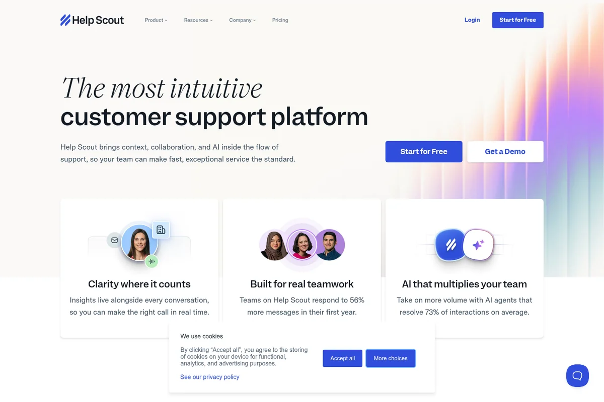 Help Scout homepage promoting its intuitive customer support platform with a clean, modern design.