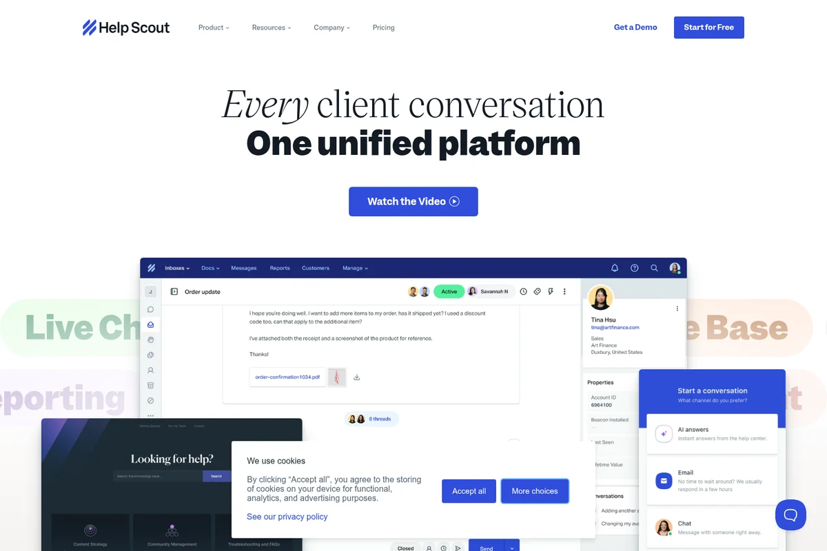 Help Scout platform page showing unified client conversation management across inbox, knowledge base, and live chat features.