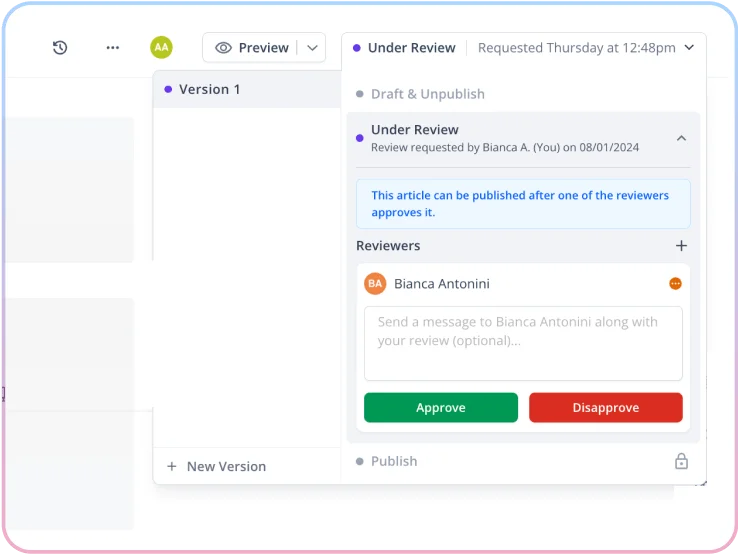 Helpjuice content review workflow showing an article in 'Under Review' status with options to approve or disapprove.