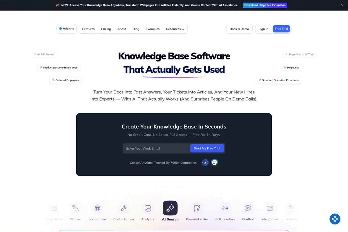 Helpjuice homepage hero section showcasing knowledge base software with a sign-up form and core features overview.