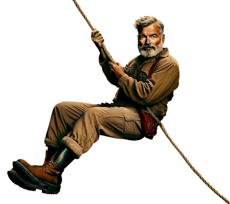 Hemingway Editor brand image featuring a rugged, bearded man on a rope, embodying adventure and directness.