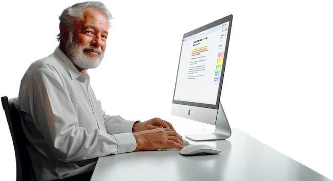 Hemingway Editor workspace showing an older man actively typing and improving text with color-coded suggestions on a clean Apple iMac interface.