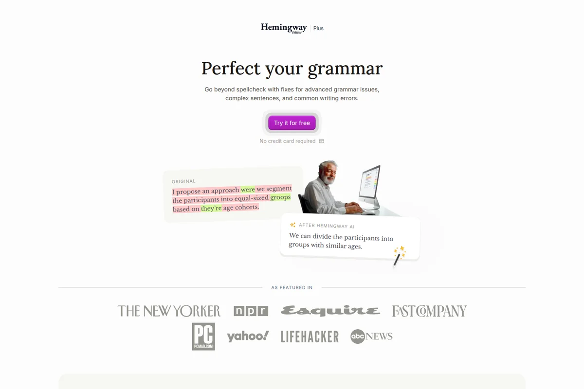 Hemingway Editor Plus feature demonstration showing a before and after grammar correction example with a clean, light interface.