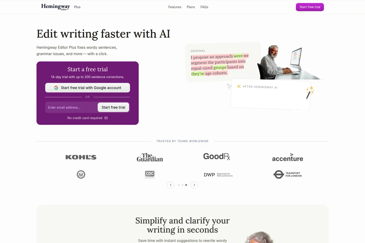 Hemingway Editor Plus landing page showcasing AI writing assistance with a text correction before-and-after example and free trial sign-up.