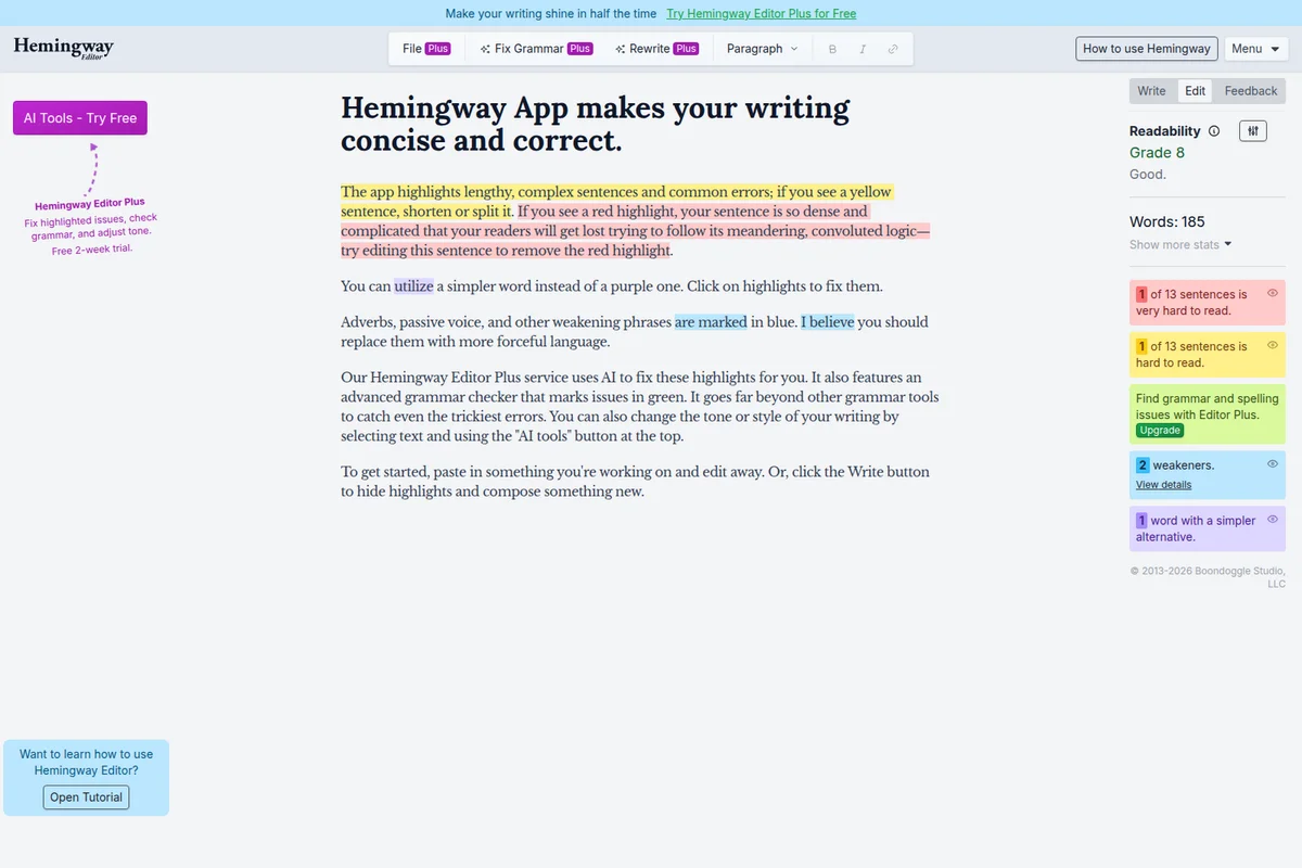 Hemingway Editor workspace showing text analysis with readability scores and highlighted issues in a clean, light interface.