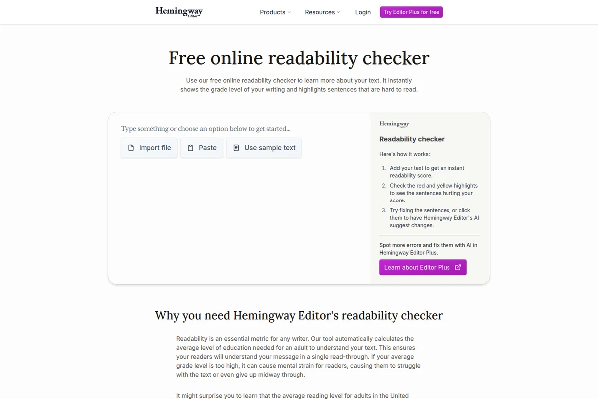 Hemingway Editor readability checker showing text input options and a clear instructional sidebar with a clean, minimalist interface.