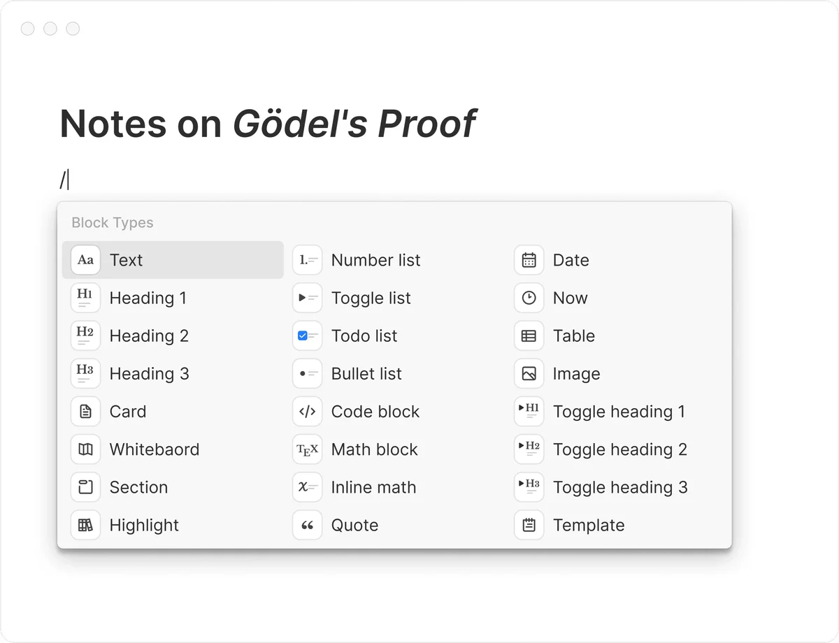 Heptabase workspace UI showing the interactive block types menu for content creation with a clean, light-themed interface.