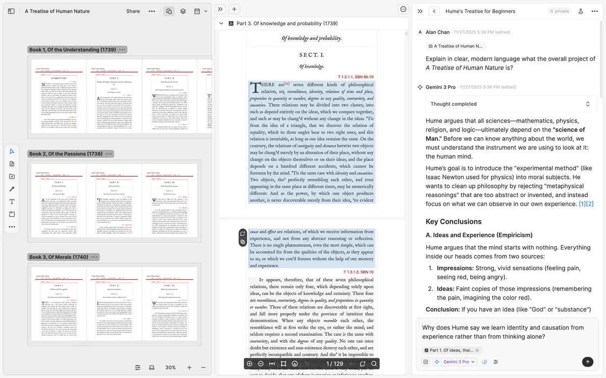 Heptabase workspace showing a philosophical text document, document navigation, and an AI chat panel providing summaries and conclusions.