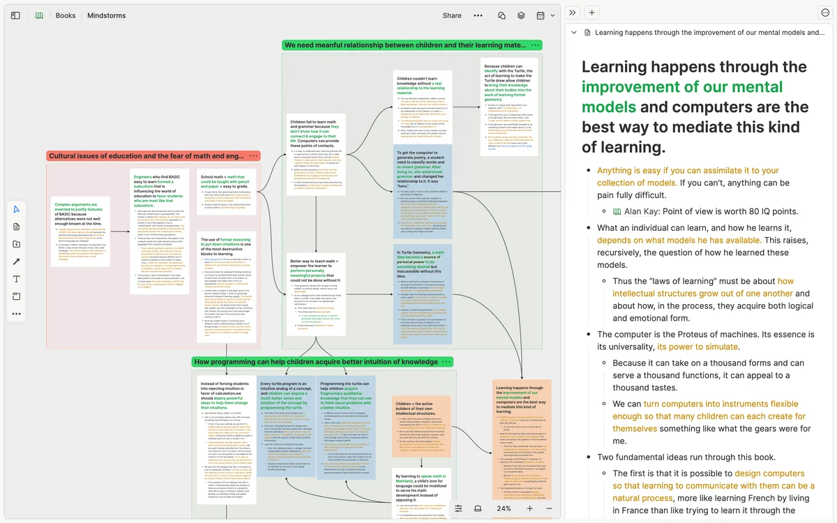 Heptabase knowledge graph workspace visualizing interconnected notes on learning, mental models, and programming in a clean node-based interface.