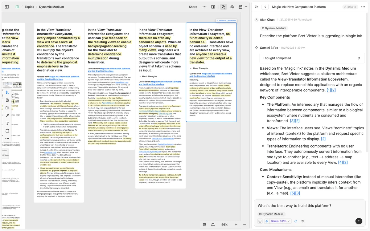 Heptabase whiteboard showing research notes on 'Magic Ink' platform and an AI-generated summary with a clean light-themed interface.