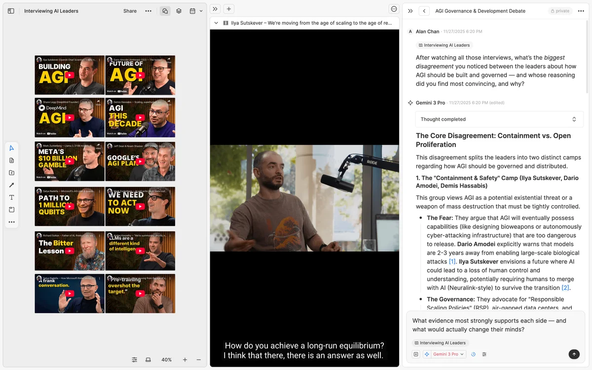 Heptabase workspace UI showing organized AI leader interviews, an embedded video player, and detailed notes on AGI governance.