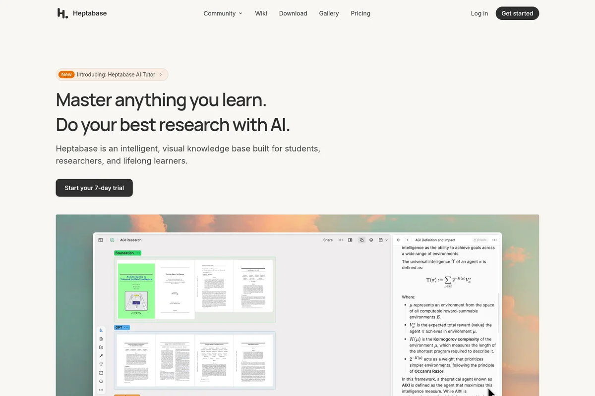 Heptabase homepage displaying an AI-powered visual knowledge base with research documents and an AI tutor feature in a modern interface.