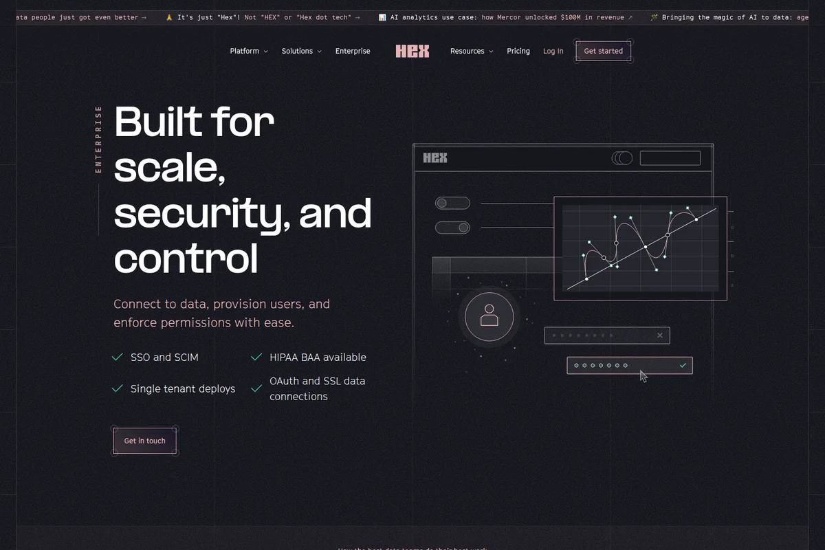Hex enterprise overview showing data security, user provisioning, and scalable infrastructure in a modern dark-mode UI with a data graph.
