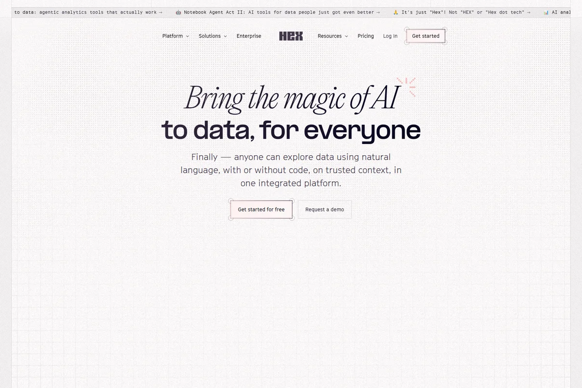 Hex homepage hero section showcasing the core value proposition 'Bring the magic of AI to data, for everyone' with a clean, modern design.