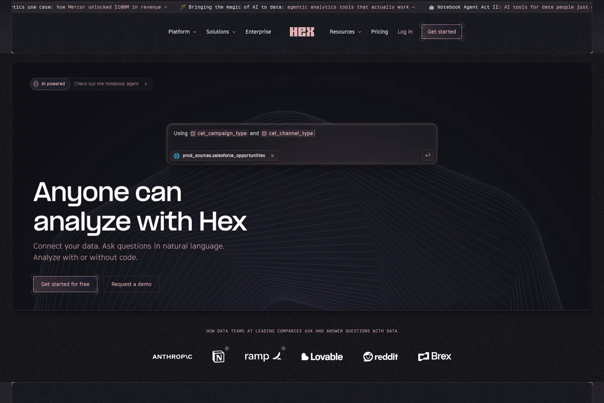 Hex workspace showing natural language data analysis input with a dark-mode sleek aesthetic
