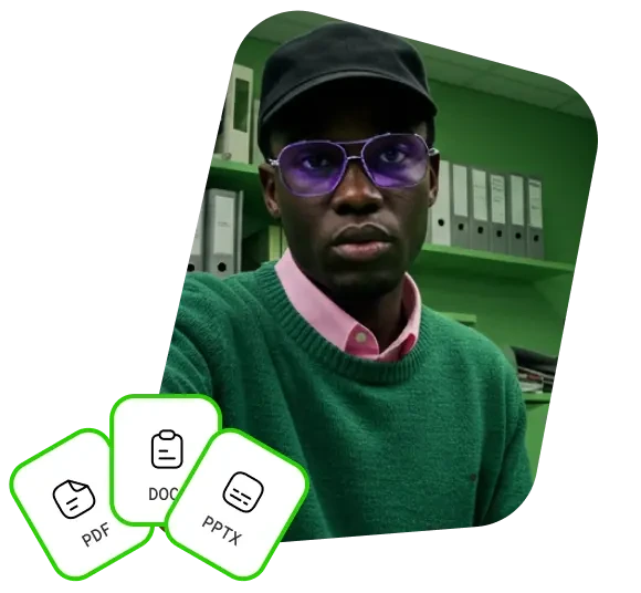 HeyGen AI avatar of a man with purple glasses and document icons, rendered in a photorealistic style.