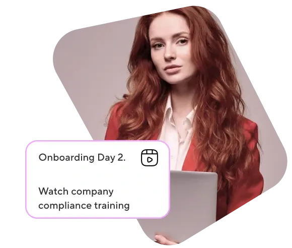 HeyGen output sample showing an AI avatar delivering 'Onboarding Day 2' company compliance training.
