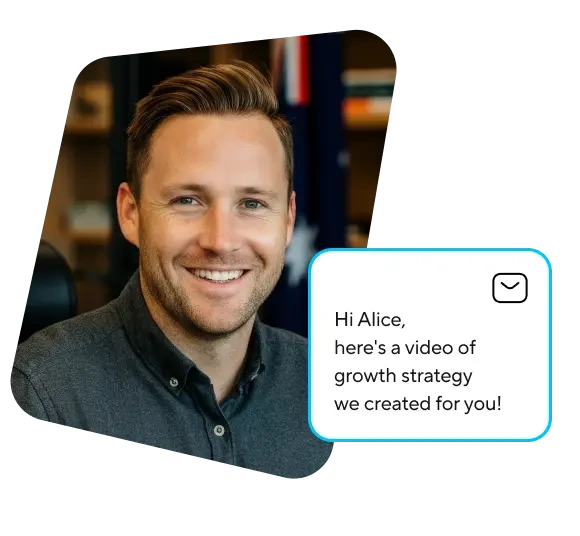 HeyGen personalized video output showing a smiling man delivering a growth strategy message in a clean notification bubble.