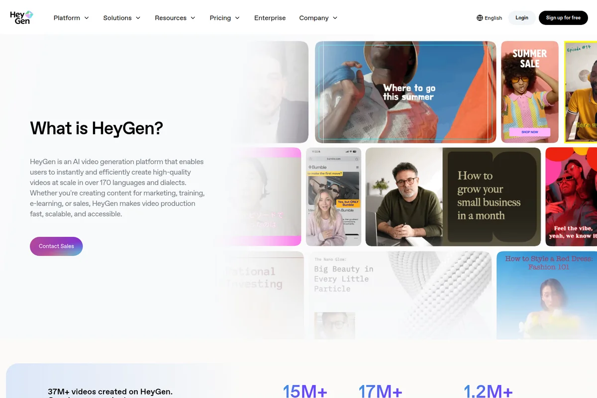 HeyGen AI video generation platform's introductory page showcasing various AI-generated video examples in a modern, dynamic grid layout.