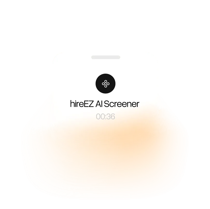 hireEZ AI Screener feature showing an active candidate screening call with a clean, minimalist mobile interface and timer.