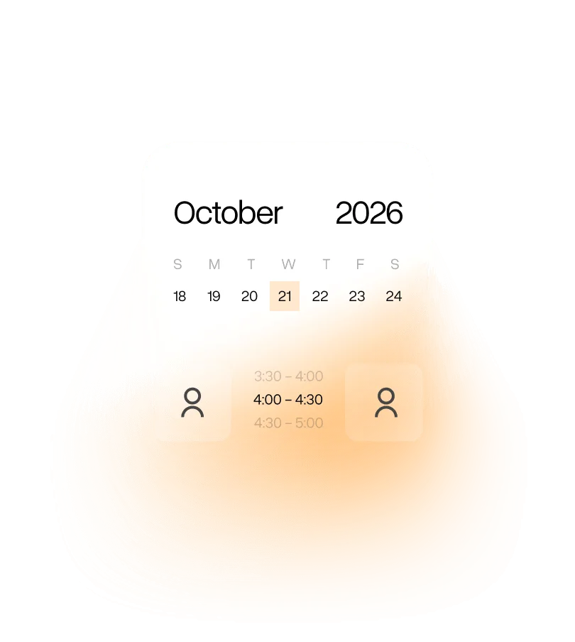 Hireez scheduling interface showing October 21, 2026, with available time slots and user assignments in a modern glassmorphism design.