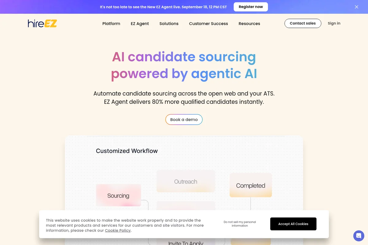 hireEZ landing page showing AI candidate sourcing with a clean, modern interface and workflow diagram.