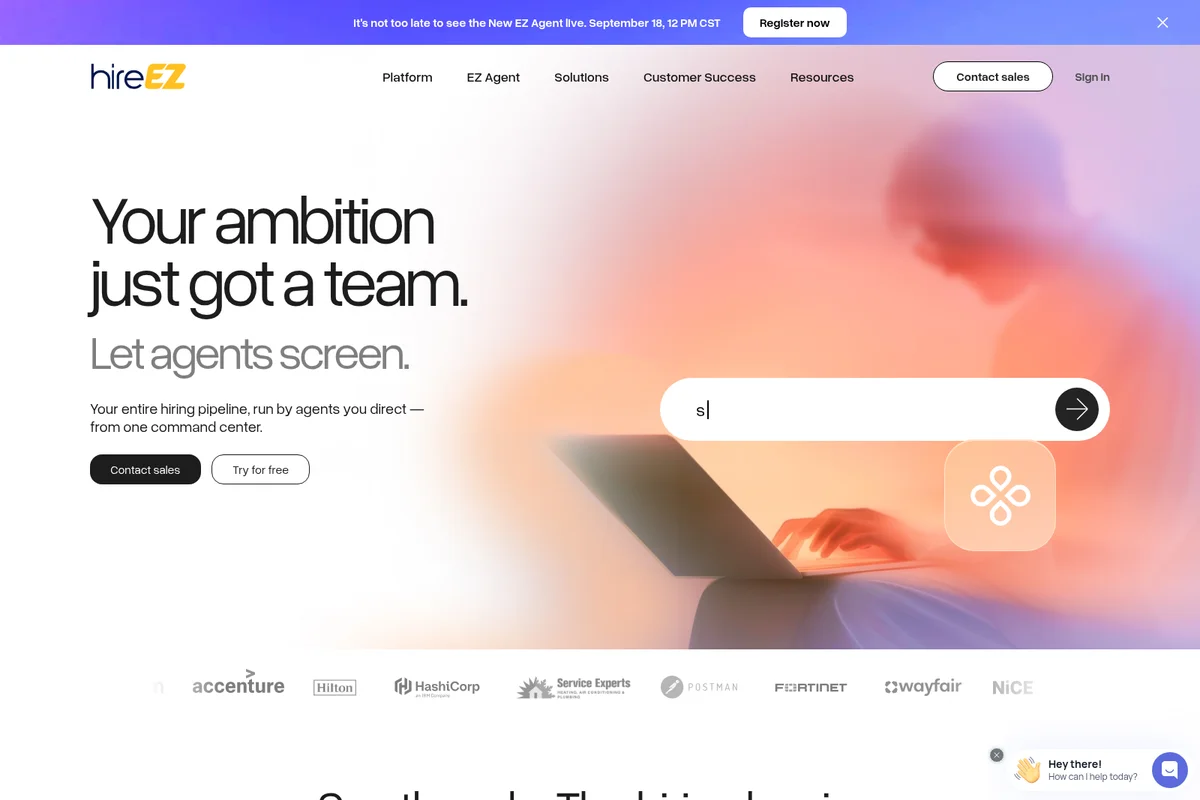 hireEZ homepage hero section highlighting team-driven hiring and agent screening with a modern search input.