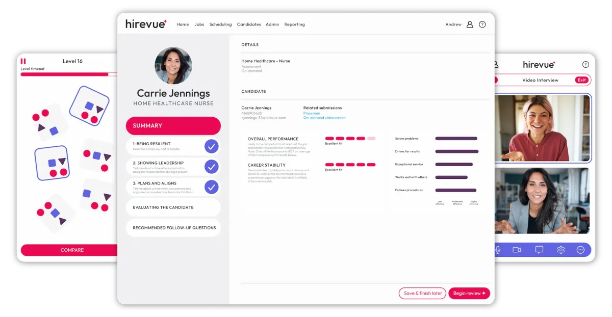 HireVue candidate review dashboard displaying assessment results, video interview, and performance summaries with a modern light interface.