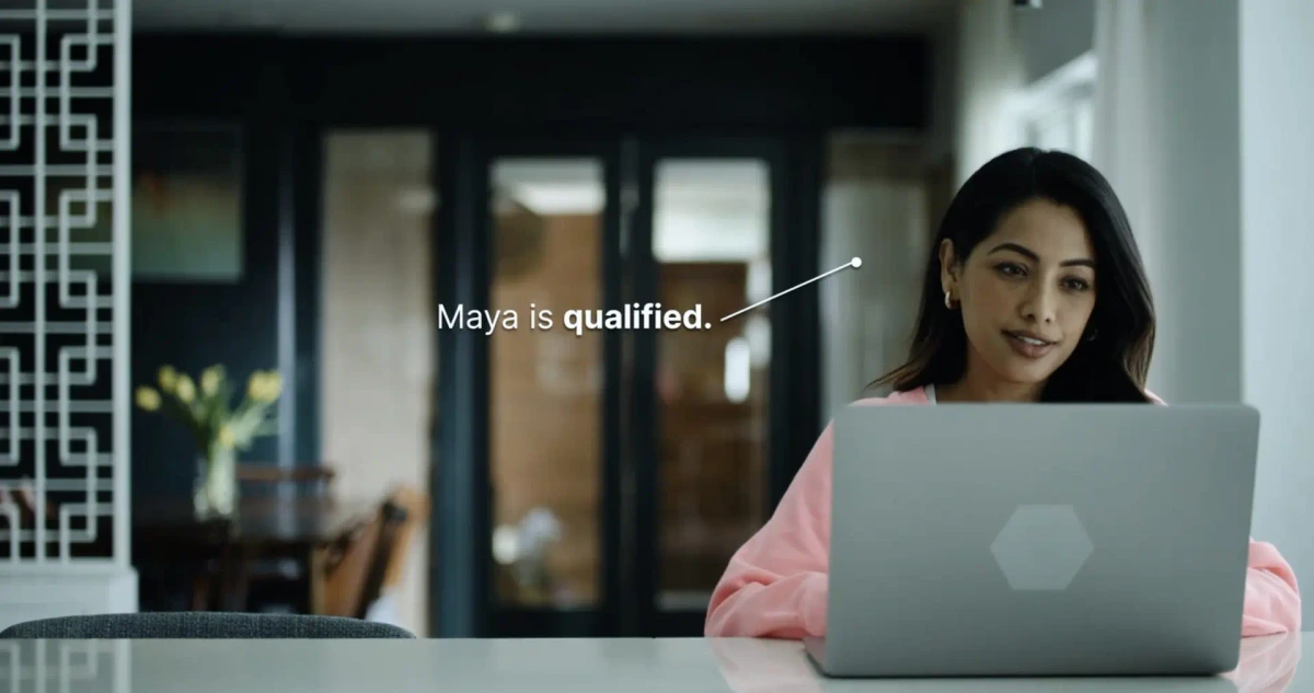 HireVue feature demonstration showing a candidate, Maya, being qualified on a laptop in a modern home office setting