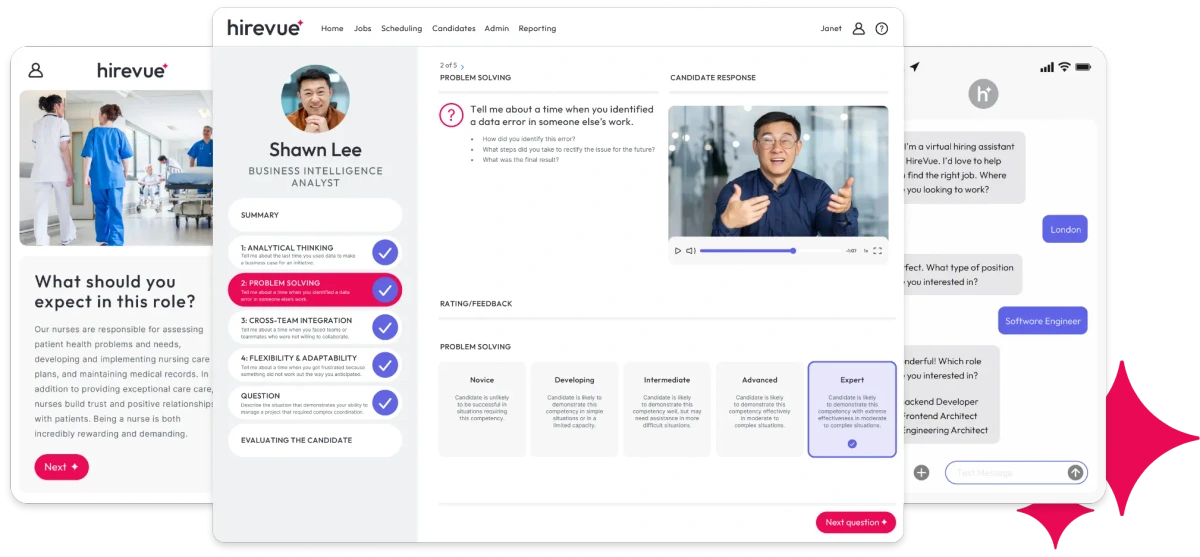 HireVue platform showcasing AI video interview assessment with candidate profile, skill ratings, and a virtual hiring assistant chatbot interface.