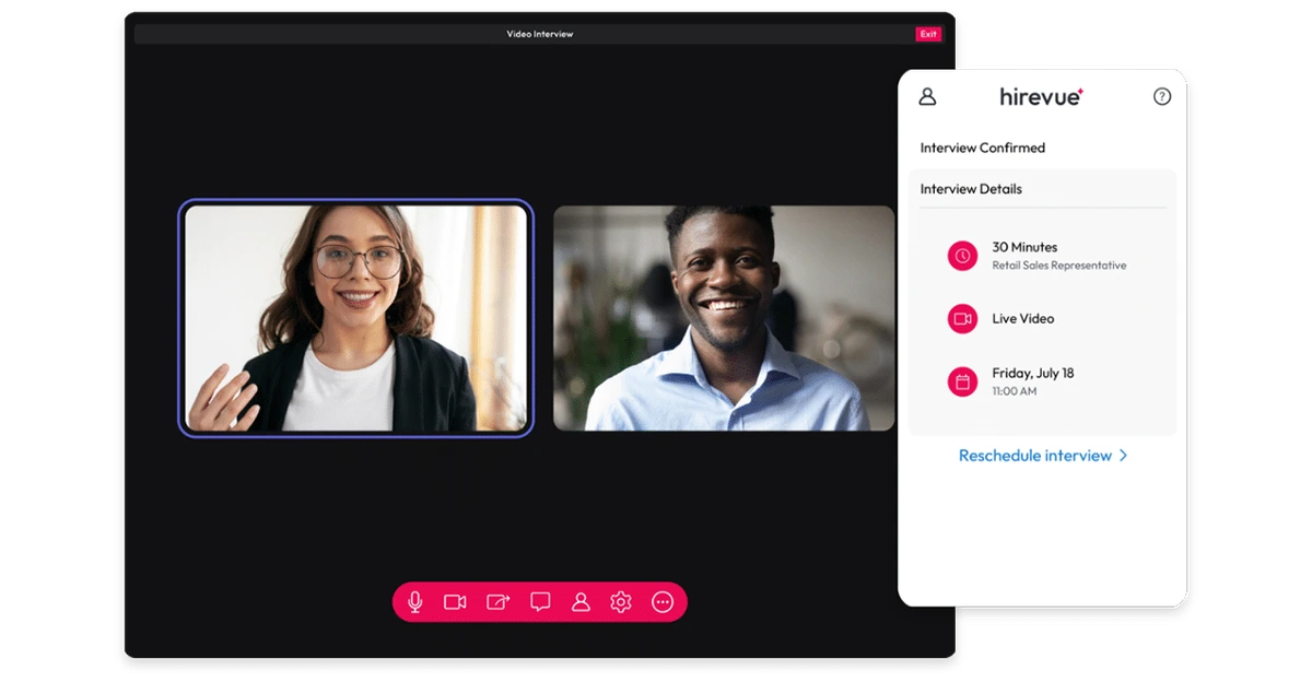 HireVue video interview workspace showing a live call with two smiling participants and interview details in a clean, modern interface.