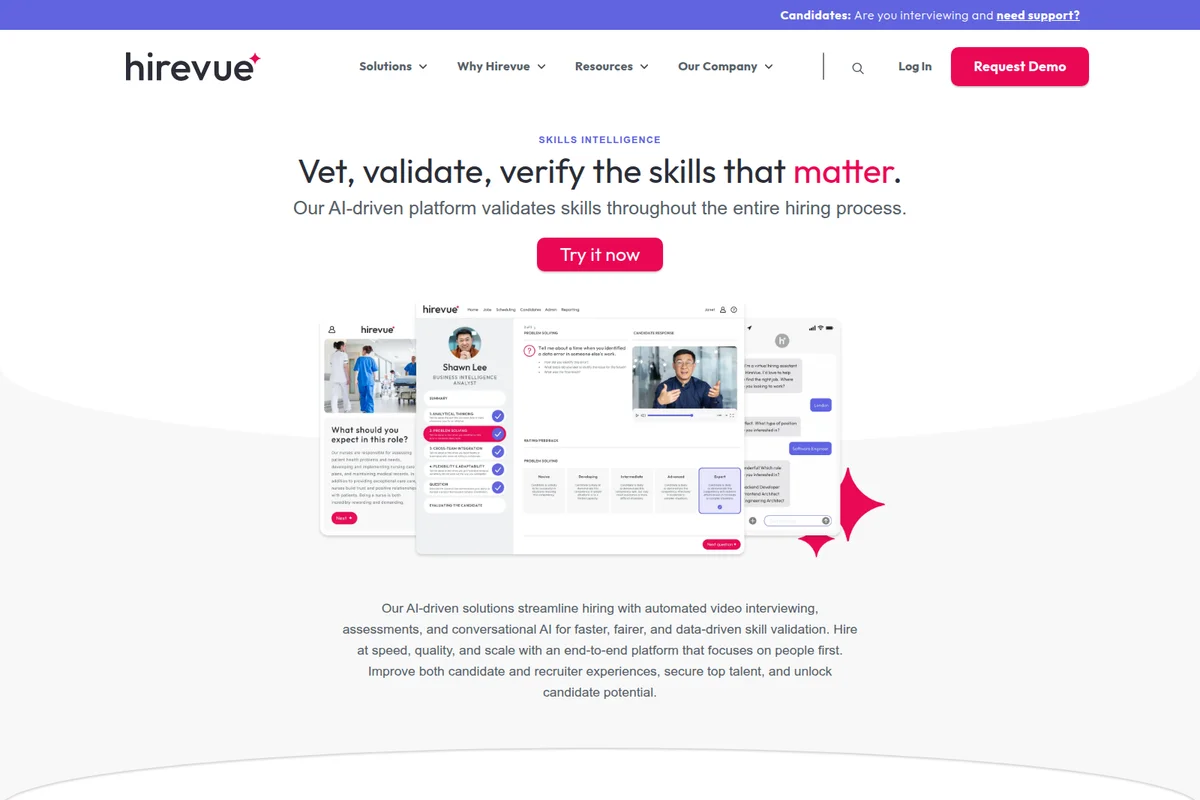 HireVue platform showcasing AI-driven video interviews, candidate profiles, and conversational AI in a modern interface.