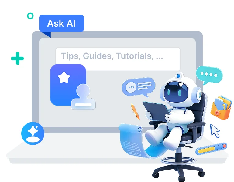 Hix-AI assistant illustration showing a robot interacting with a laptop for tips and guides with a clean, friendly aesthetic.