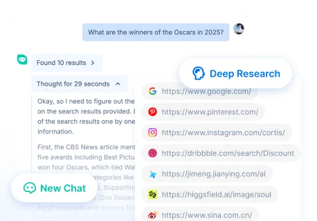 Hix-ai workspace showing AI performing deep research and summarizing search results with a clean, modern chat interface.