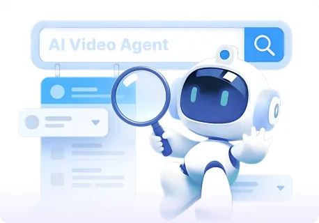 hix-ai AI Video Agent illustration featuring a friendly robot searching video content with a magnifying glass and UI elements.