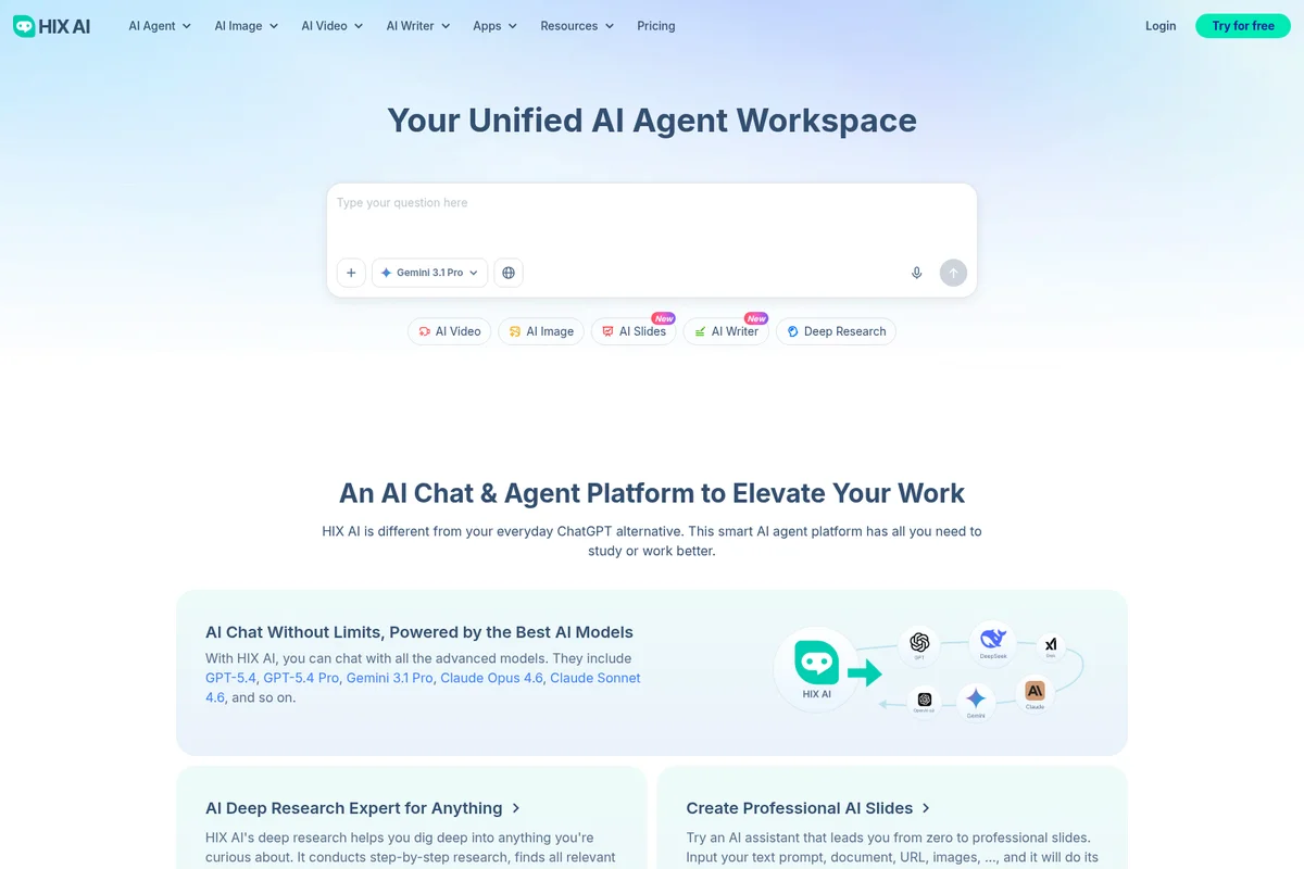 HIX AI homepage showing the unified AI agent workspace with a chat input, Gemini 3.1 Pro model, and quick access to AI Video, Image, Slides, and Writer tools on a clean, light interface.