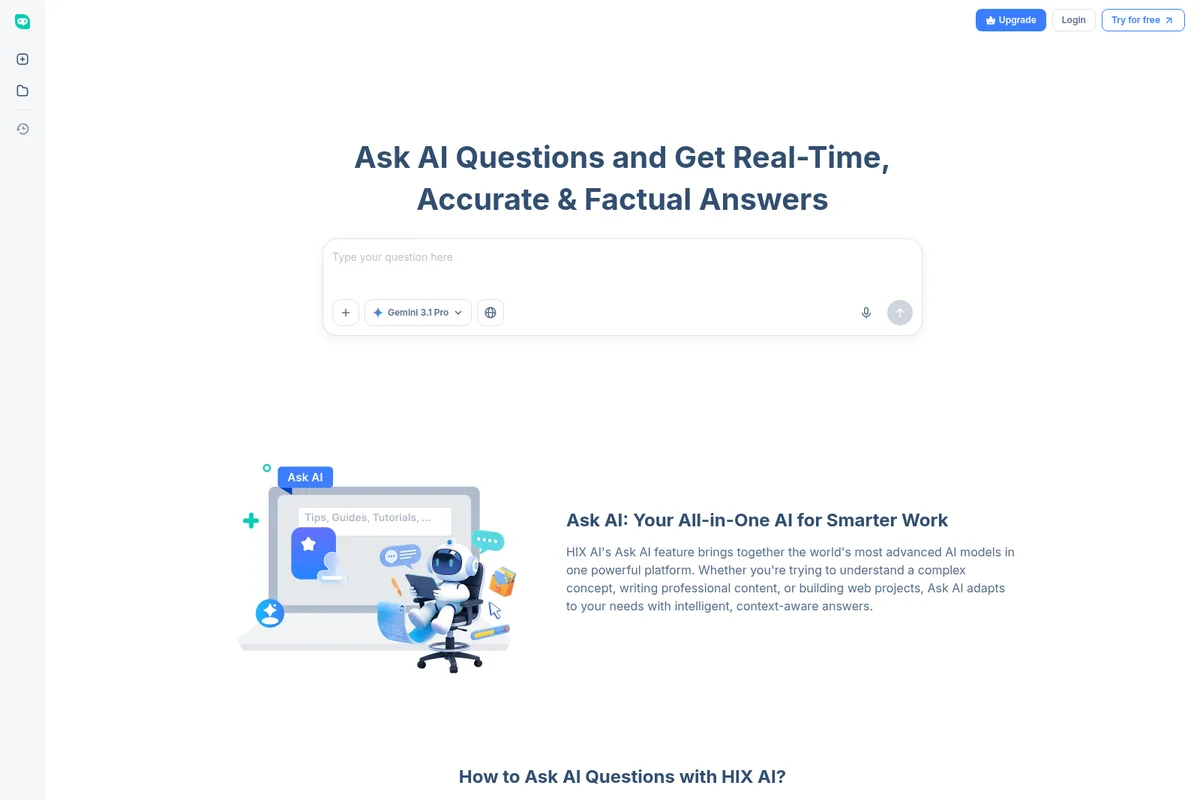 HIX AI 'Ask AI' page showing a question input field, 'Gemini 3.1 Pro' model, and an AI robot illustration in a clean white interface.