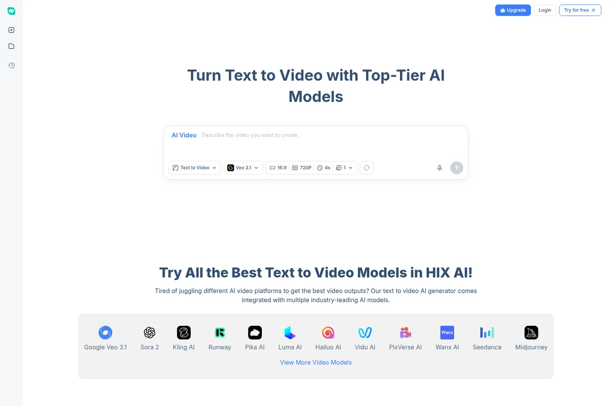 HIX AI text-to-video workspace showing prompt input and selection of top-tier AI models in a clean light-theme interface.