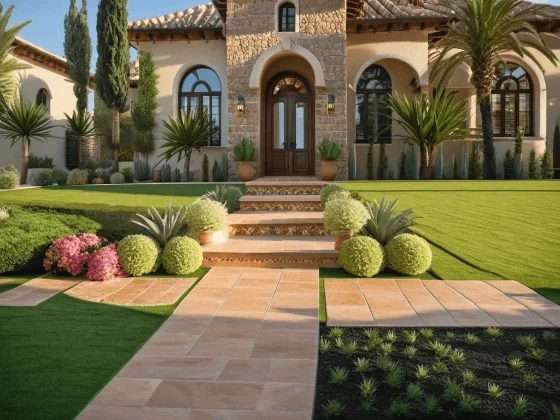 homedesigns-ai output sample of a luxurious Mediterranean home exterior with manicured garden and a paved walkway.