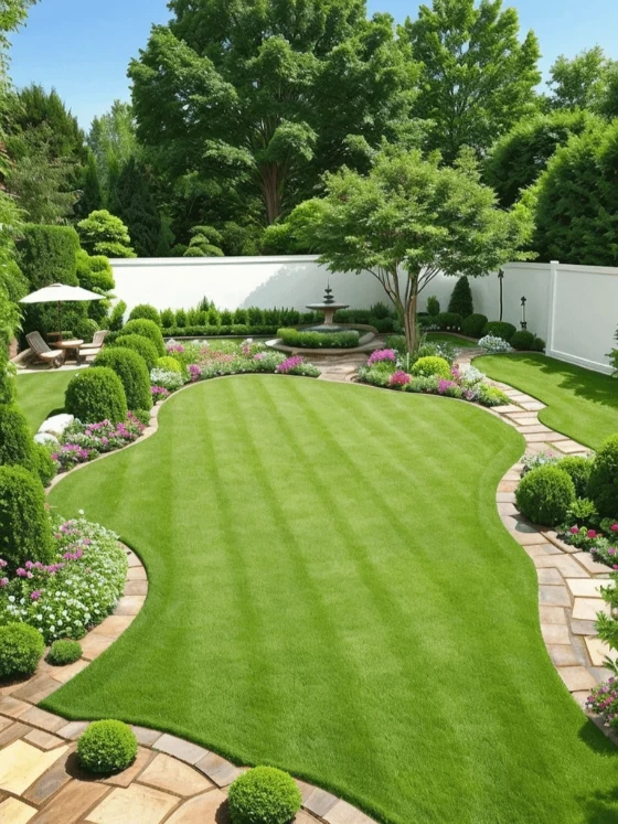 homedesigns-ai output sample showing a beautifully landscaped garden design with lush green lawn, vibrant flowers, and a tiered fountain.