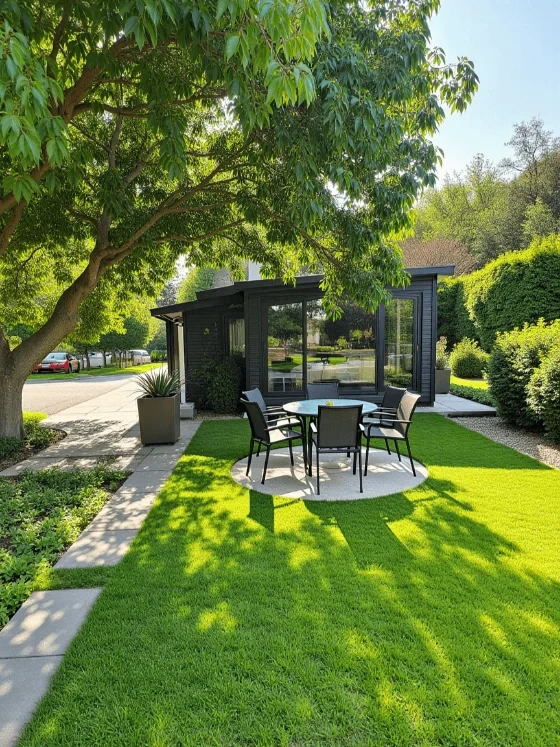 Homedesigns-ai output sample showing a modern black house with a well-maintained green lawn and outdoor patio in a photorealistic style.