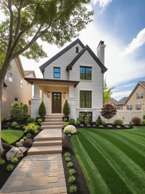 homedesigns-ai output sample showing a modern farmhouse style home with detailed landscaping under a bright sky.