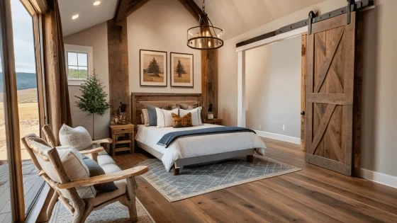 homedesigns-ai output sample showing a rustic modern bedroom design with natural light and wooden elements.