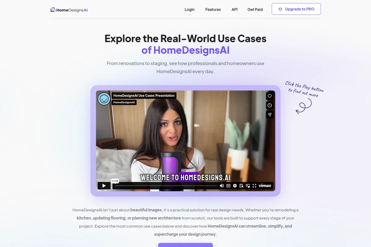 HomeDesignsAI use cases page showing an embedded video presentation about the tool's applications with a clean, light-themed interface.