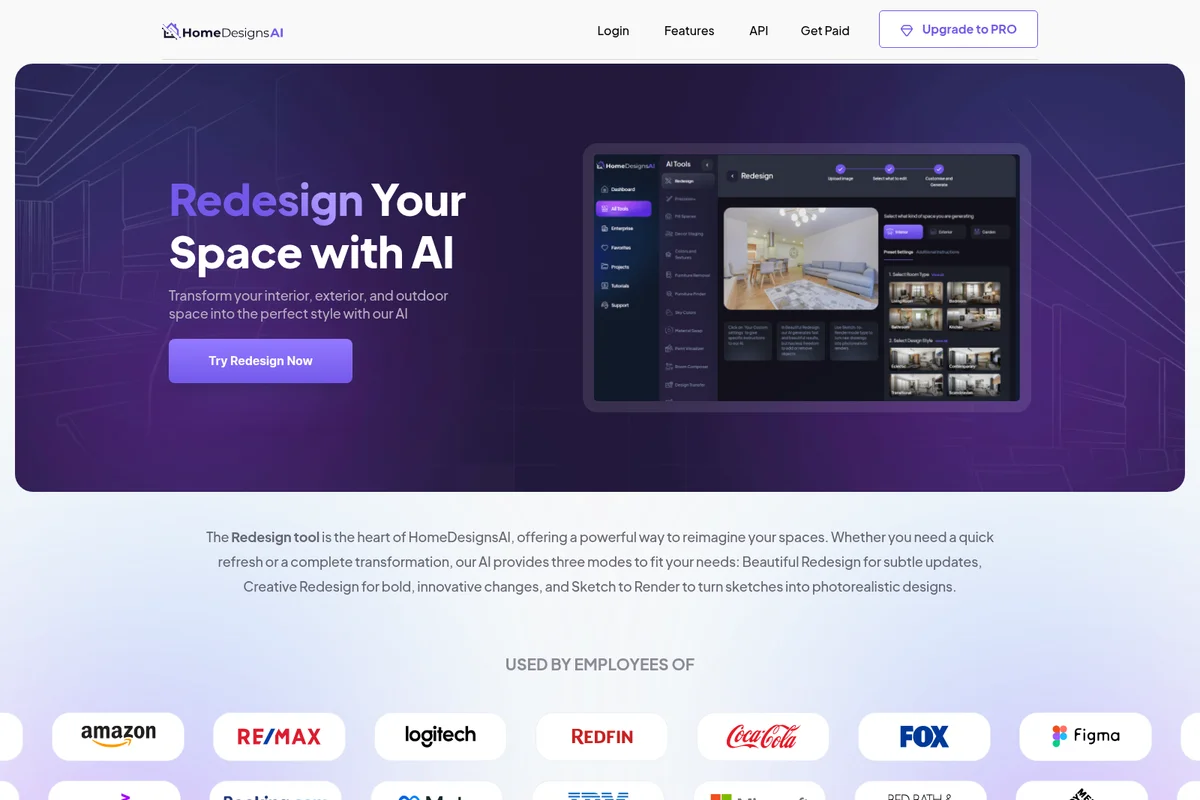 HomeDesignsAI landing page hero showcasing AI-powered space redesign tool with a dark theme interface.