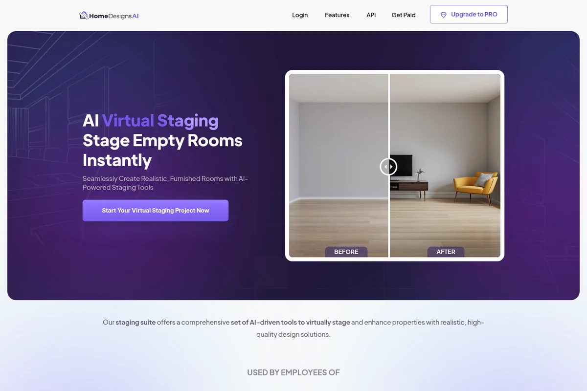 HomeDesignsAI landing page showing AI virtual staging before and after comparison of an empty room to a furnished one, with a dark-themed hero section.