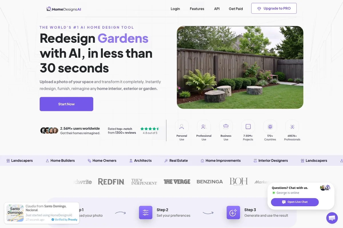 HomeDesignsAI homepage showing a redesigned garden in a modern, clean interface with a clear AI-powered value proposition.